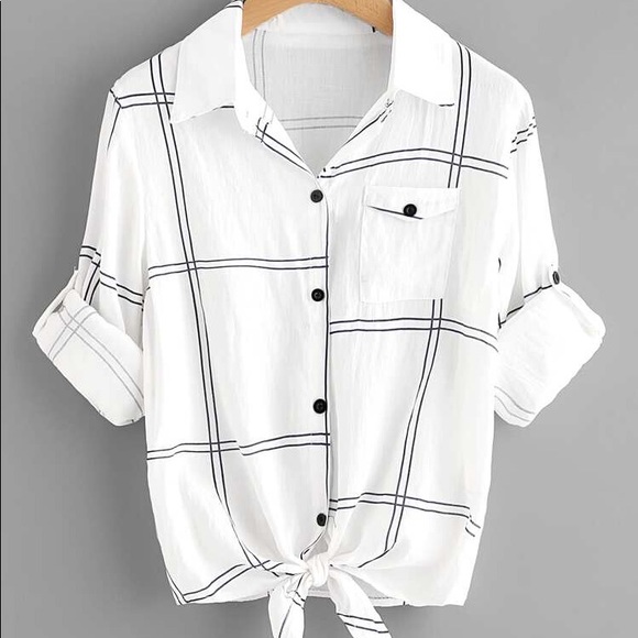 SHEIN Tops - Rolled Sleeve Checked Knot Front Short